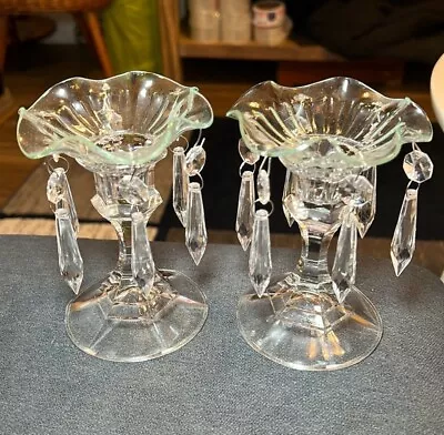 Buy Pair Of Vintage Elegant Glass Candlesticks Crystal Prism Bobeche Candle Holders • 42.76£