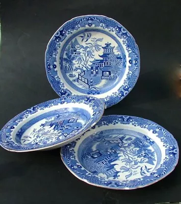 Buy THREE Burleigh Ware Vintage 1930's Blue Willow Rim Soup Bowls 24.5cm - Chips • 10£