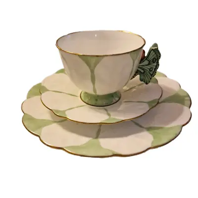 Buy Rare Butterfly Handle Ansley Art Deco Green & White Trio Tea Set Estate Pieces • 94.50£