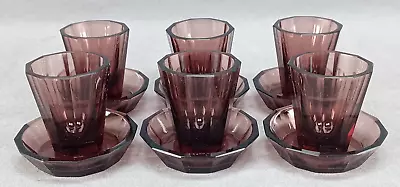 Buy Set Of 6 Czech Bohemian Art Deco Amethyst Cut Glass Shot Glasses & Under Trays • 141.97£