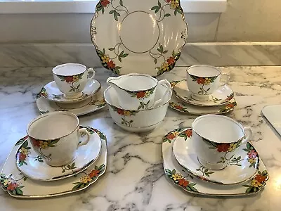 Buy Vintage 4 Trio Wellington & Co China Art Deco Tea Set -jug-sugar Bowl Cake Plate • 58£