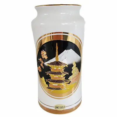 Buy Japanese CHOKIN Vase 6  Gilded 24K Gold  White Porcelain Temple Sakura Mt Fuji • 30.67£