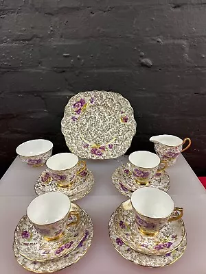 Buy Ashley Fine China 22kt Floral Purple Tea Set Cups Saucer Plates Jug Sugar Cake • 49.99£