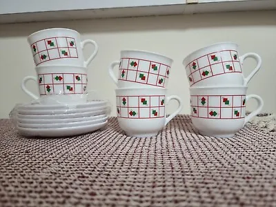 Buy 6 X ARCOPAL VINTAGE PYREX CUPS & SAUCERS RED & GREEN NEVER USED, Saucers SEALED • 7.99£
