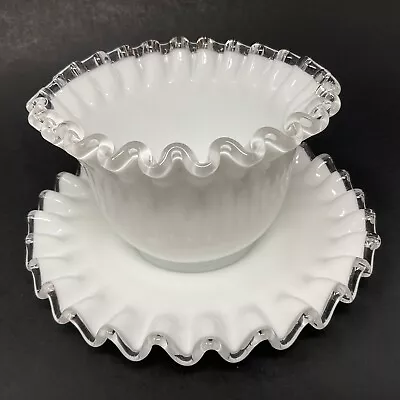 Buy Pretty Fenton Milk Glass Silver Crest Pattern  Mayonnaise Bowl With Underplate • 20.87£