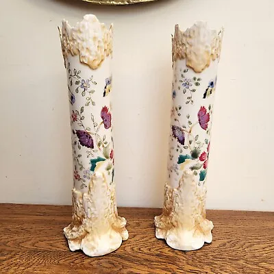Buy Pair Of Austrian Porcelain Tree Trunk Vases Hand Painted Butterflies & Flowers • 95£