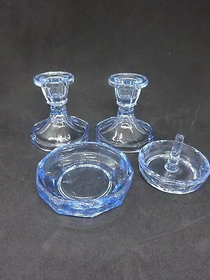 Buy Vintage Art Dec Blue Glass Candlesticks & Trinket Dish - Free Ring Holder • 16.99£