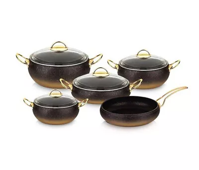 Buy OMS Granite Black Gold Cookware Ball Shape Set Glass Lids Casserole Pan Pot 9pcs • 141.99£