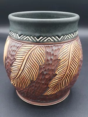 Buy Vintage 2000 Foxlo Art Pottery Vase Pot Cali USA Feather Brown Black EUC 6.5x6   • 122.84£