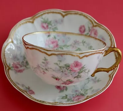 Buy Antique HAVILAND LIMOGES Cup Saucer Set Pink & Blue Roses Double Gold • 71.93£