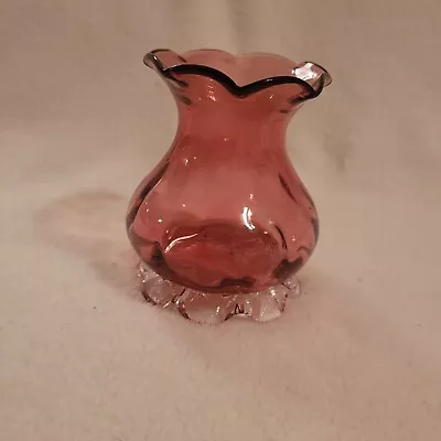 Buy Vintage Cranberry Glass Vase With Flared Crimped Top Applied Base Handmade 3.5   • 20.13£