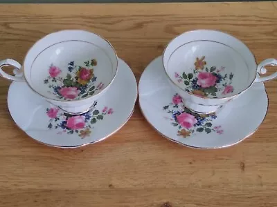 Buy Two Staffordshire Fine Bone China Footed Large Teacups & Saucers  Spring Garden  • 22£