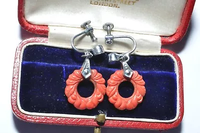 Buy Pretty Vintage Art Deco Earrings Of Pressed Coral Co • 6.99£