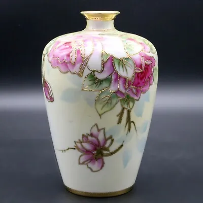 Buy Noritke Nippon Floral Vase M-in-Wreath 6 5/8  Urn Hand Painted Beaded Gold Leaf • 38.60£