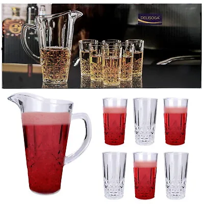 Buy 7 Piece Glassware Set Water Jug Pitcher & 6 Glasses Tumbler Juice Crystal Effect • 24.99£