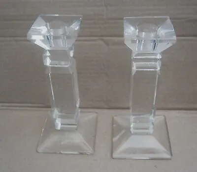 Buy V259) Vintage Geometric Clear Glass Square Based Pair Of Candlesticks • 14.99£