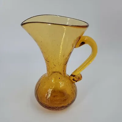 Buy Glass Pitcher Amber Hand Blown Crackle Vase Applied Handle, Mint Vintage • 13.32£