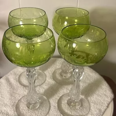 Buy Antique French Glassware, 4 St Louis Light Green Crystal Short Wine Hocks • 561.04£