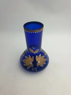 Buy Vintage Cobalt Blue Glass Vase Frosted Effect Gold Tone Floral Decoration Beaded • 17.99£