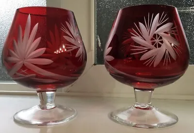 Buy Bohemian Czech Crystal Cut To Clear Cranberry Brandy Snifter Cognac EXC Pair • 71.49£