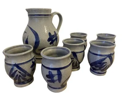 Buy Vintage Pottery Jug Pitcher & 6 Beakers Cobalt Blue Decorative Salt Glaze Set • 9.99£