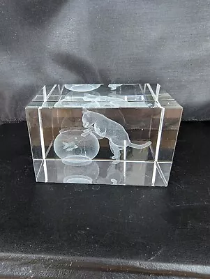Buy Cat Paperweight Glass Laser Etched 3D  Paperweight Cat Playing With Fish Bowl • 9.99£