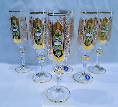 Buy Czech Bohemian Crystal Glass Handmade -  Champagne - 6 Pcs With Gold And Enamel • 136.60£