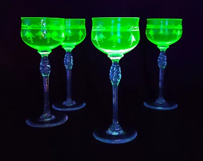 Buy Theresienthal 1900s Art Nouveau X4 Uranium Wine Glasses W/ Engraved Flower Motif • 242£