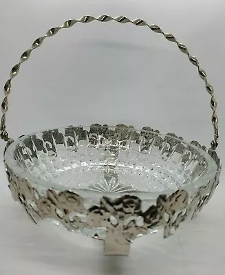 Buy Vintage Heavy Clear Glass Round Bowl With Silver Metal Holder/Basket 9 In • 15.53£