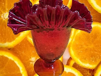 Buy Blenko Glass Red Amberina Footed Vase Ruffled Crackle 8 Tall Vintage • 67.23£