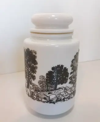 Buy Vintage Retro White Opaline Milk Glass Glass Jar Countryside Scene Air Tight Lid • 7.99£