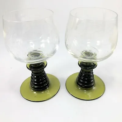 Buy Antique Etched Clear Glass Grape Pattern Green Beehive Stem Wine Glasses Lot 2 • 9.44£