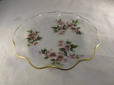 Buy Chance Glass? Scalloped Trinket Dish Plate Pink Floral Pattern - Vintage Retro • 10.50£