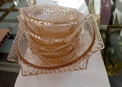 Buy Art Deco / Depression Pink Glass Bowl Set Of 7 Square Fruit Dessert Tableware  • 9.95£