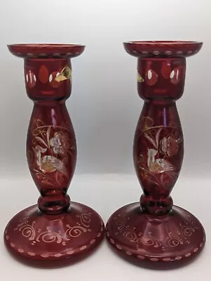 Buy Set Of 2 Bohemian Ruby Red Czech Cut Clear Etched Birds & Flowers Candlesticks • 38.43£