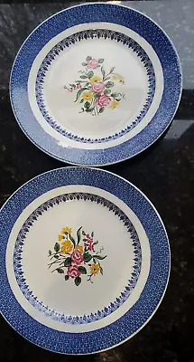Buy Pair Wedgwood Hand Painted Antique Blue White Transferware Plates Pink Florals • 30.41£