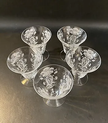 Buy 1930’s TIFFIN Flanders #15071 Etched Poppy 3.25” Oyster/Cocktail Glasses 5x  • 30.69£