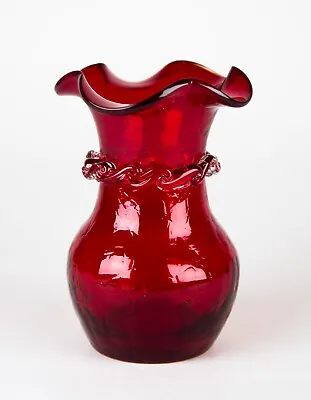 Buy Kanawha Ruby Red Crackle Glass Vase With Applied Rigaree Scroll Decor Vintage • 28.73£