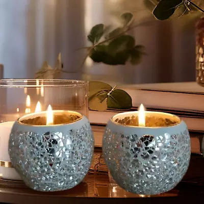 Buy PAIR OF GLASS CANDLE HOLDERS SILVER SPARKLING CRACKLE GLASS BOWLS 8cm X 7cm  • 12.95£