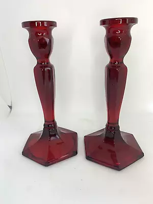 Buy Fenton Art Glass Ruby Red Candlesticks 9071 Hexagon Base 8.5 Inches • 69.53£