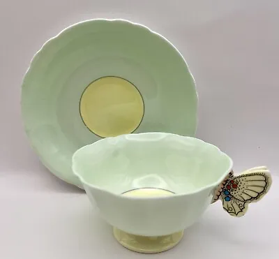 Buy Paragon Teacup & Saucer  Butterfly Handle, Green And Yellow In Middle, RARE • 374.16£