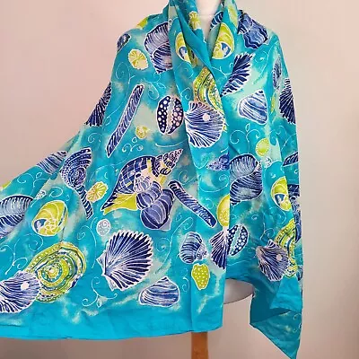 Buy Vintage Wrap Scarf Shawl Pashmina Sarong Blue Yellow Shell Print Beach Pool • 14.50£
