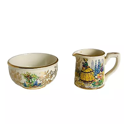 Buy Vintage Sadler Milk Jug Creamer And Sugar Bowl Crinoline Lady Beige Gold Floral • 16.99£