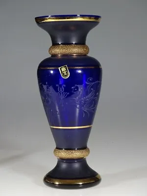 Buy Vintage Cobalt Blue Glass Vase With Gold Trims Cut Motifs Original Label C.1975 • 71.13£