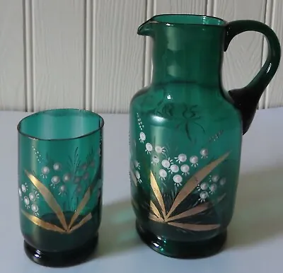 Buy Antique Victorian Lily Of The Valley Green Glass Water Jug Pitcher & Tumbler Set • 15£