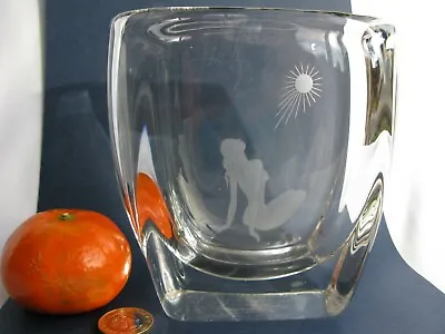 Buy Scandinavian Vintage Crystal Art Glass Vase Etched Nude Female And Sun Shine • 58£