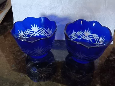 Buy Two Boho Style Cobalt Blue Cut To Clear Crystal Glass Votive Candle Holders • 37.94£