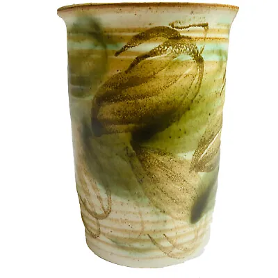 Buy Art Pottery Vase Hand Made Green Brown Leaves Signed H R Hand Thrown Artisan • 14.99£