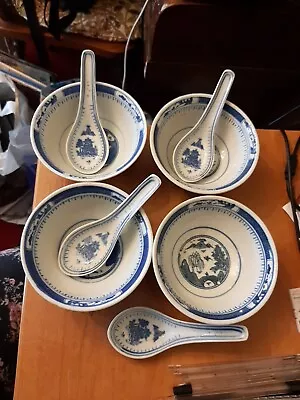 Buy Vintage 4 X Chinese Soup Rice Bowl And Spoon Set Willow Pattern Blue & White O74 • 14.99£