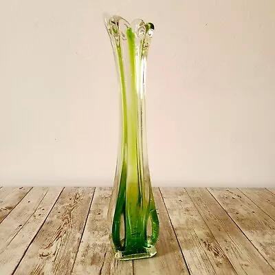 Buy Vintage Swung Bud Vase 4 Finger Stretched Art Glass Green & Clear   • 17.99£